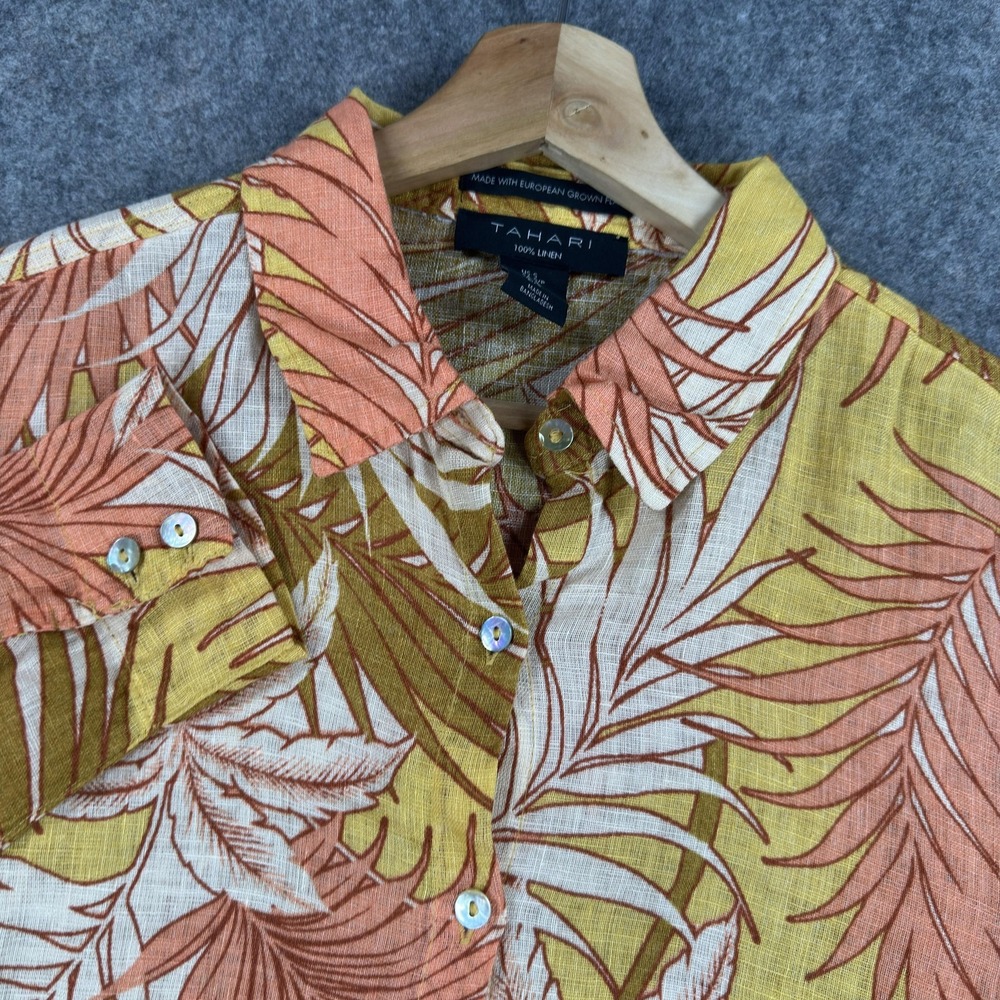 Tahari Shirt Womens Small Yellow Linen Tropical Leaf Button Front Long Sleeve